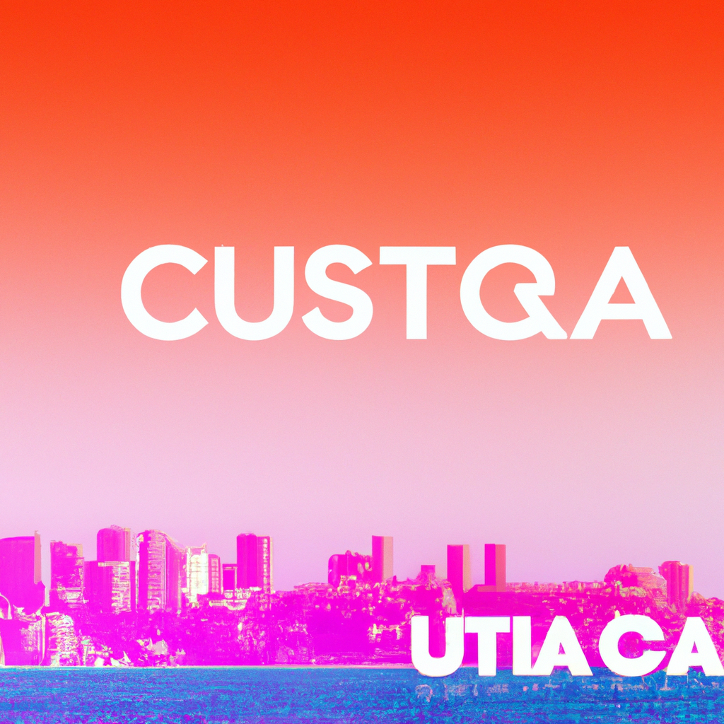 View of a coastal city at golden hour with playful UI overlays