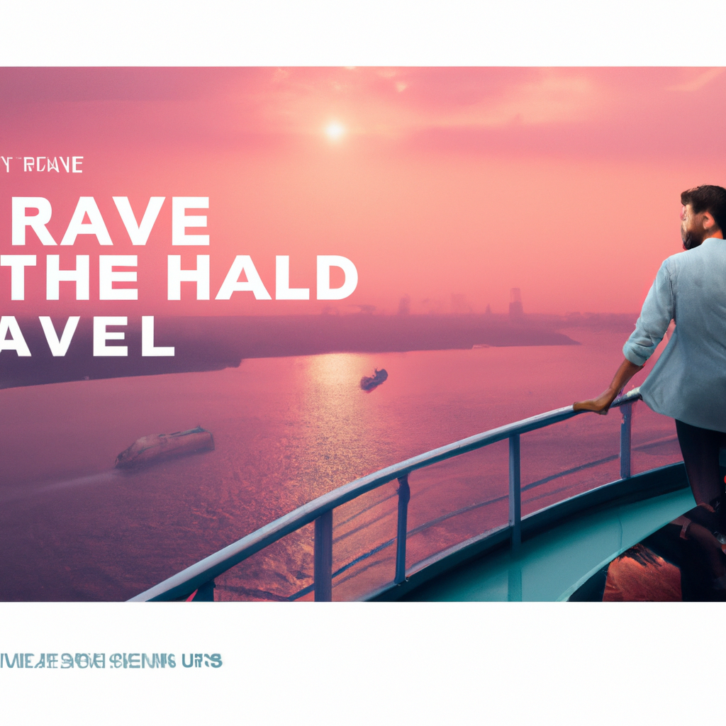 Traveler on a ferry watching a pastel skyline with app HUD indicators